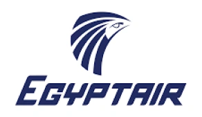 Logo of EgyptAir featuring a stylized bird with lines extending from its head, positioned above the company name in bold, blue letters.