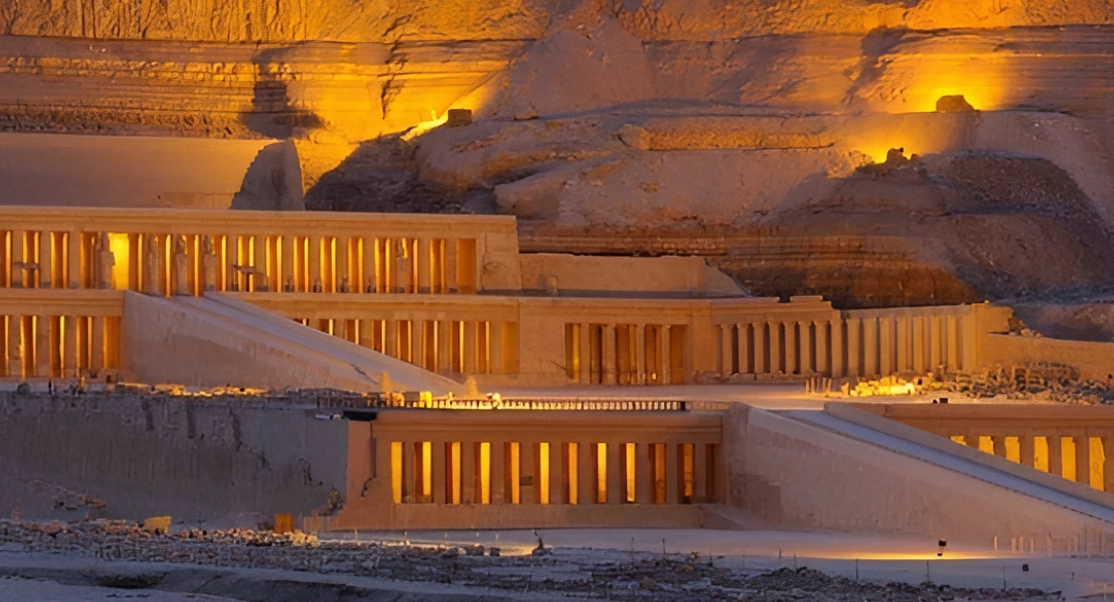 Illuminated ancient temple built into a rocky desert hillside at dusk, with rectangular columns and expansive stairs.