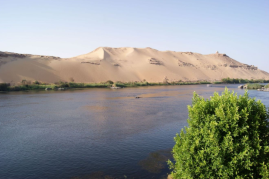 A river flows gently alongside a sandy desert dune under a clear sky, with green shrubbery in the foreground.